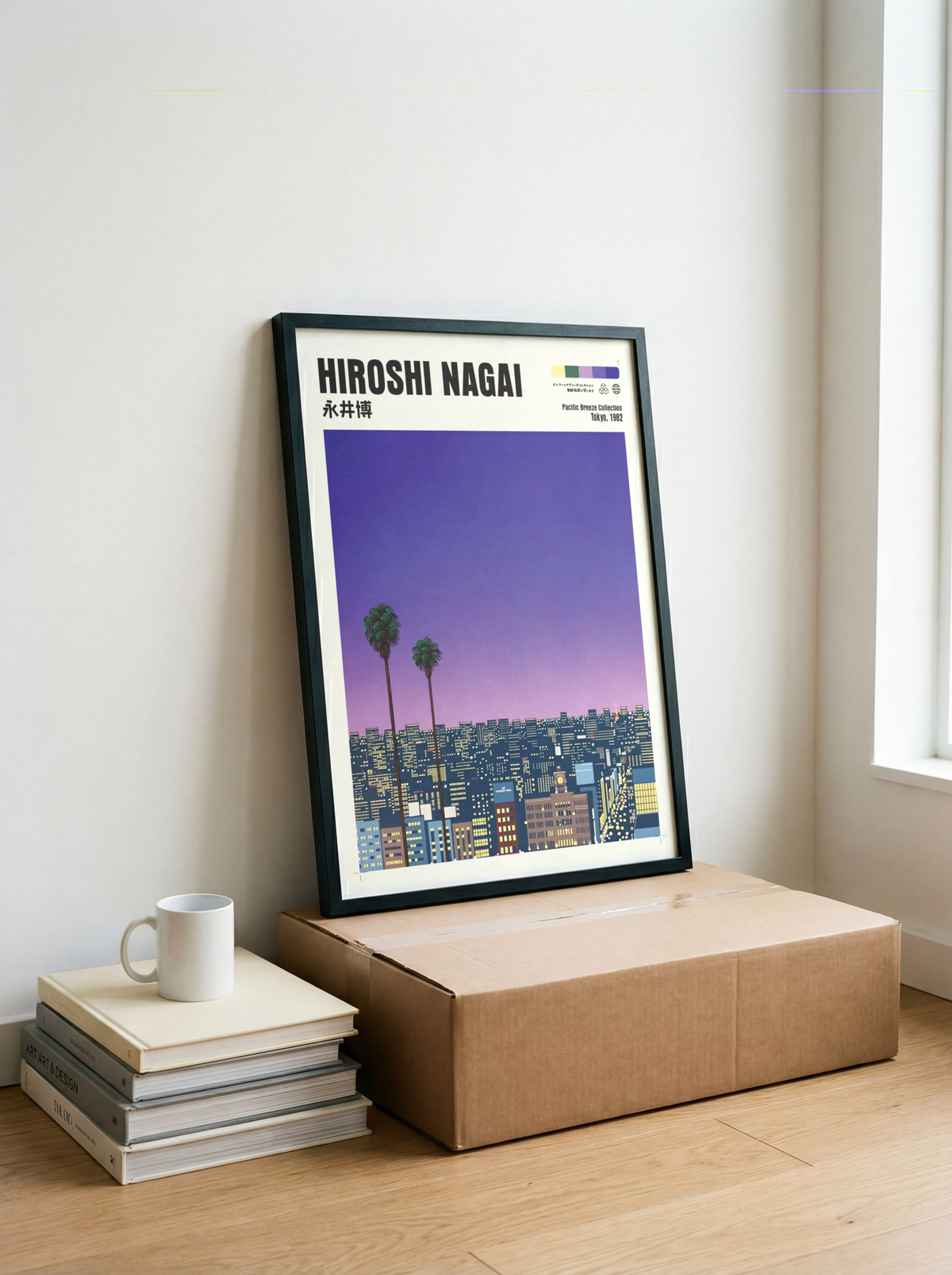 Hiroshi Nagai Pacific Breeze Poster, Tokyo 1982, Japanese City Nightscape, Palm Trees, Retro Sunset Wall Art, Japan Decor