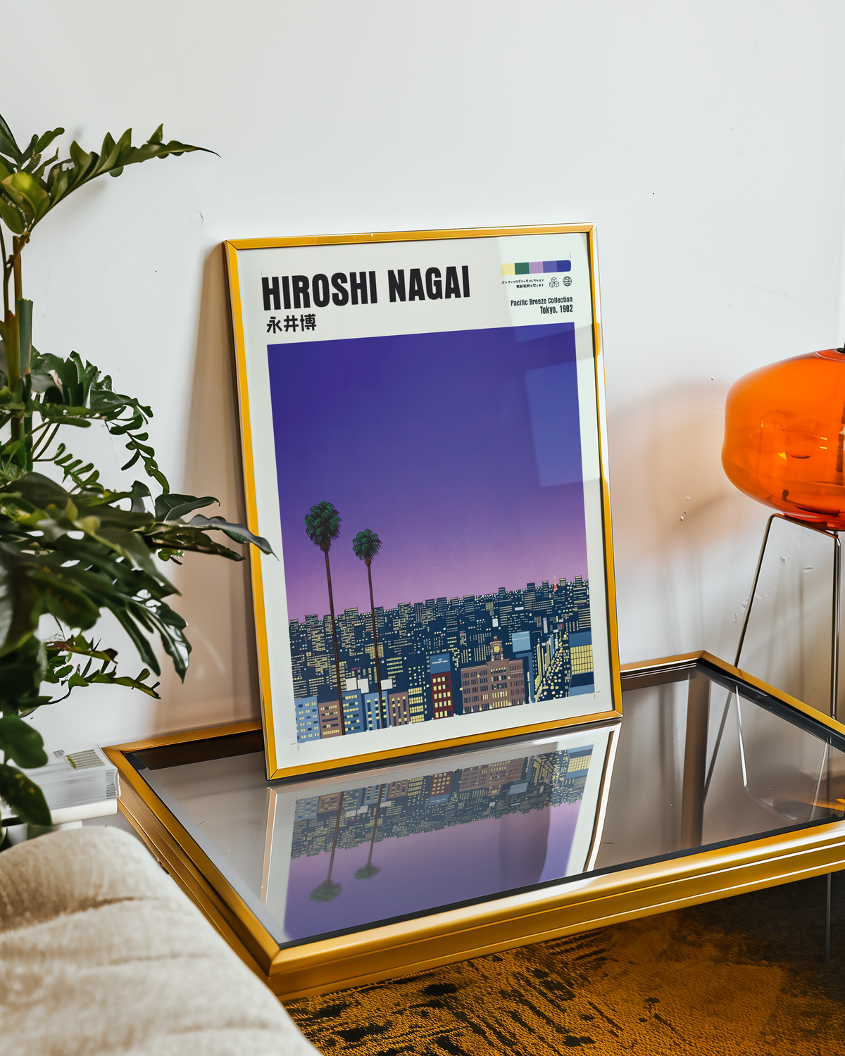 Hiroshi Nagai Pacific Breeze Poster, Tokyo 1982, Japanese City Nightscape, Palm Trees, Retro Sunset Wall Art, Japan Decor