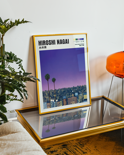 Hiroshi Nagai Pacific Breeze Poster, Tokyo 1982, Japanese City Nightscape, Palm Trees, Retro Sunset Wall Art, Japan Decor