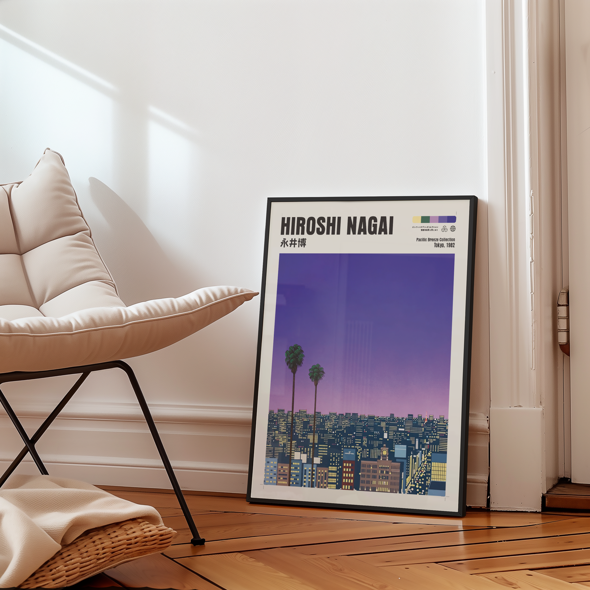 Hiroshi Nagai Pacific Breeze Poster, Tokyo 1982, Japanese City Nightscape, Palm Trees, Retro Sunset Wall Art, Japan Decor