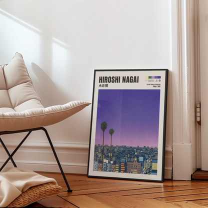 Hiroshi Nagai Pacific Breeze Poster, Tokyo 1982, Japanese City Nightscape, Palm Trees, Retro Sunset Wall Art, Japan Decor