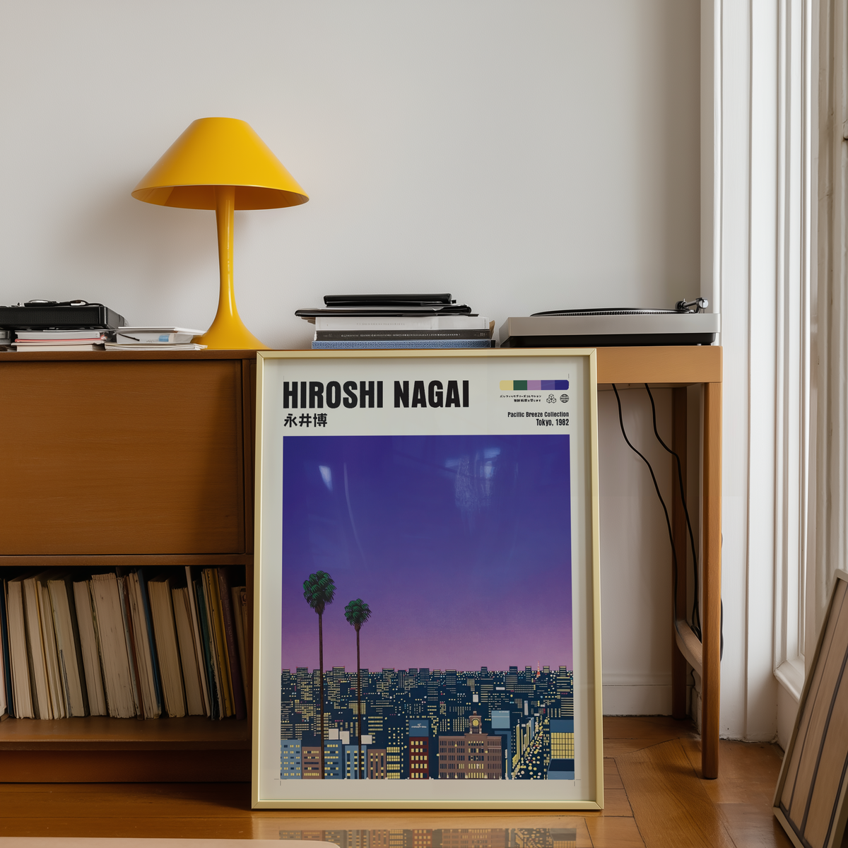Hiroshi Nagai Pacific Breeze Poster, Tokyo 1982, Japanese City Nightscape, Palm Trees, Retro Sunset Wall Art, Japan Decor