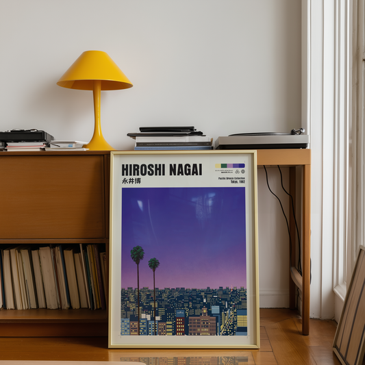 Hiroshi Nagai Pacific Breeze Poster, Tokyo 1982, Japanese City Nightscape, Palm Trees, Retro Sunset Wall Art, Japan Decor