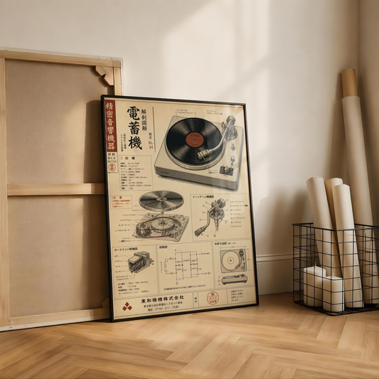 Vintage Turntable Schematic Poster, Record Player Technical Drawing, Retro Audio Wall Art, Hi-Fi Music Room Decor, Engineer Style Print