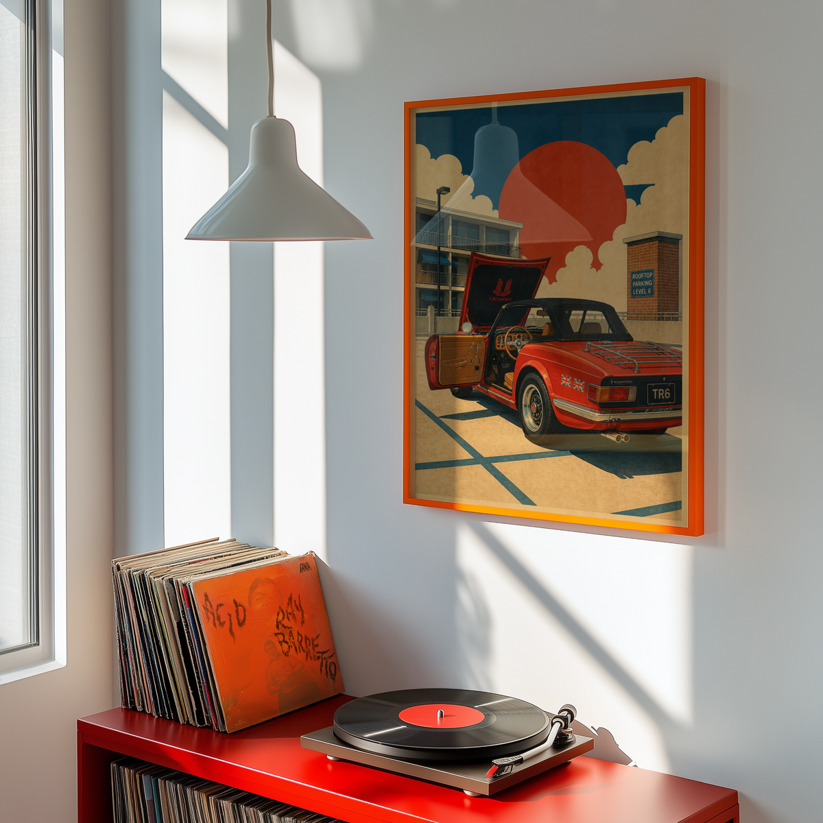 Affiche Roadster Rouge, Voiture Anglaise Classique sur Parking, Soleil Rétro & Architecture Urbaine, Déco Automobile
