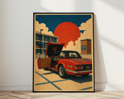 Affiche Roadster Rouge, Voiture Anglaise Classique sur Parking, Soleil Rétro & Architecture Urbaine, Déco Automobile