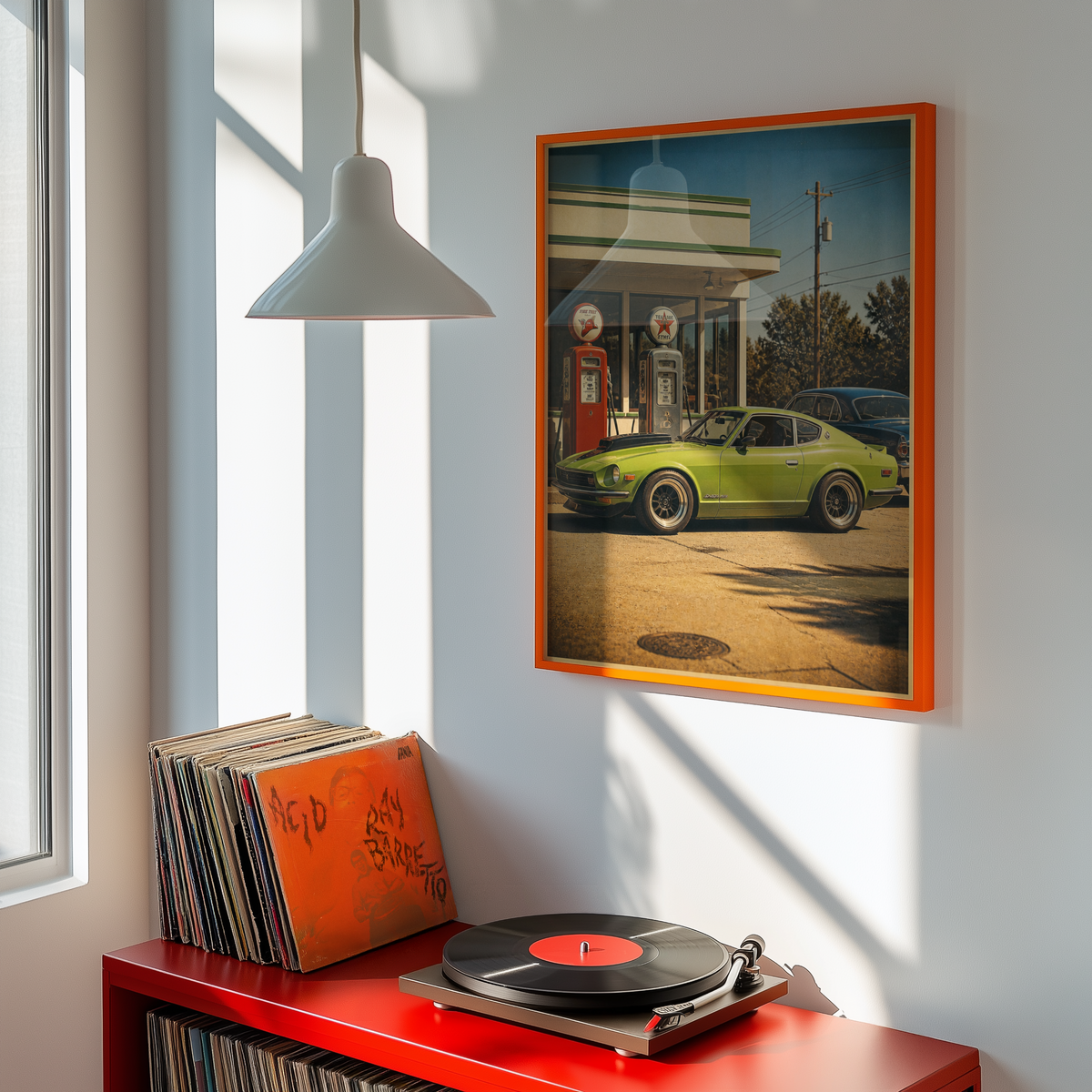 Affiche Voiture Vintage, Coupé Vert à la Station-Service, Ambiance Américaine Rétro, Déco Garage