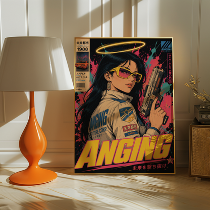 Affiche Cyberpunk Angel Protocol | Femme & Future City