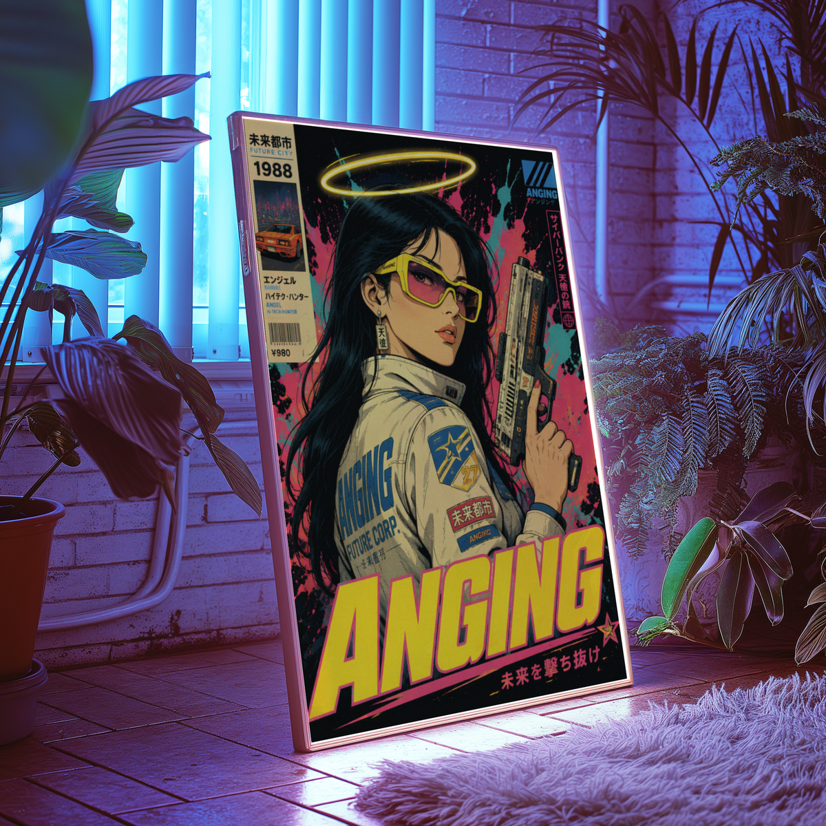 Affiche Cyberpunk Angel Protocol | Femme & Future City