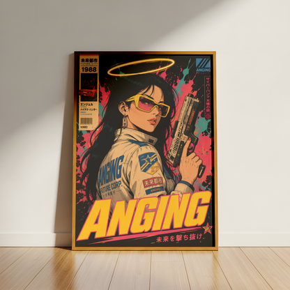 Affiche Cyberpunk Angel Protocol | Femme & Future City