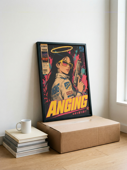 Affiche Cyberpunk Angel Protocol | Femme & Future City