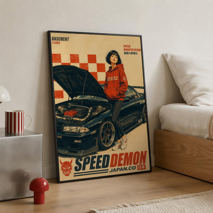 Affiche vintage voiture japonaise sportive, tuning et culture automobile, jeune femme et moteur ouvert, style rétro japonais, passion auto