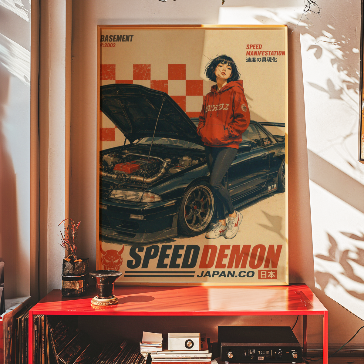 Affiche vintage voiture japonaise sportive, tuning et culture automobile, jeune femme et moteur ouvert, style rétro japonais, passion auto