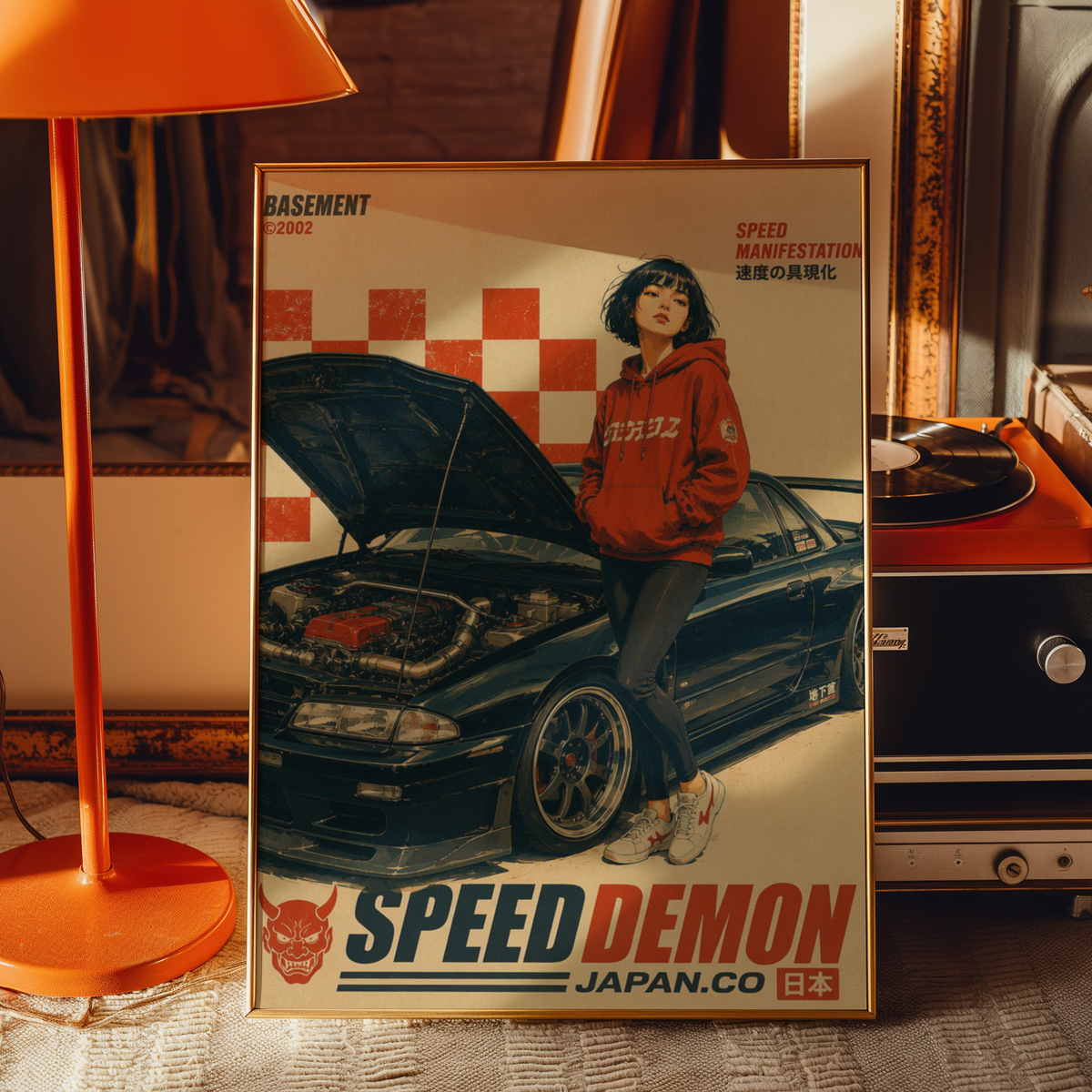 Affiche vintage voiture japonaise sportive, tuning et culture automobile, jeune femme et moteur ouvert, style rétro japonais, passion auto