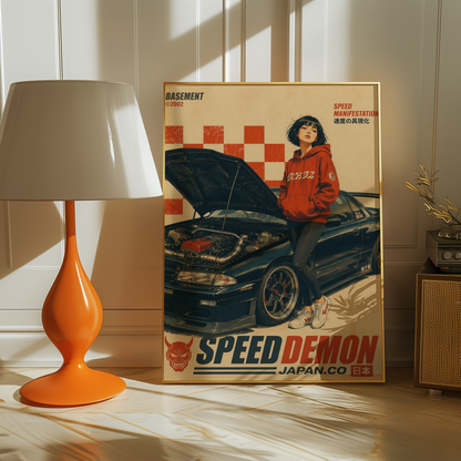 Affiche vintage voiture japonaise sportive, tuning et culture automobile, jeune femme et moteur ouvert, style rétro japonais, passion auto