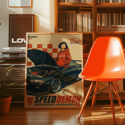 Affiche vintage voiture japonaise sportive, tuning et culture automobile, jeune femme et moteur ouvert, style rétro japonais, passion auto