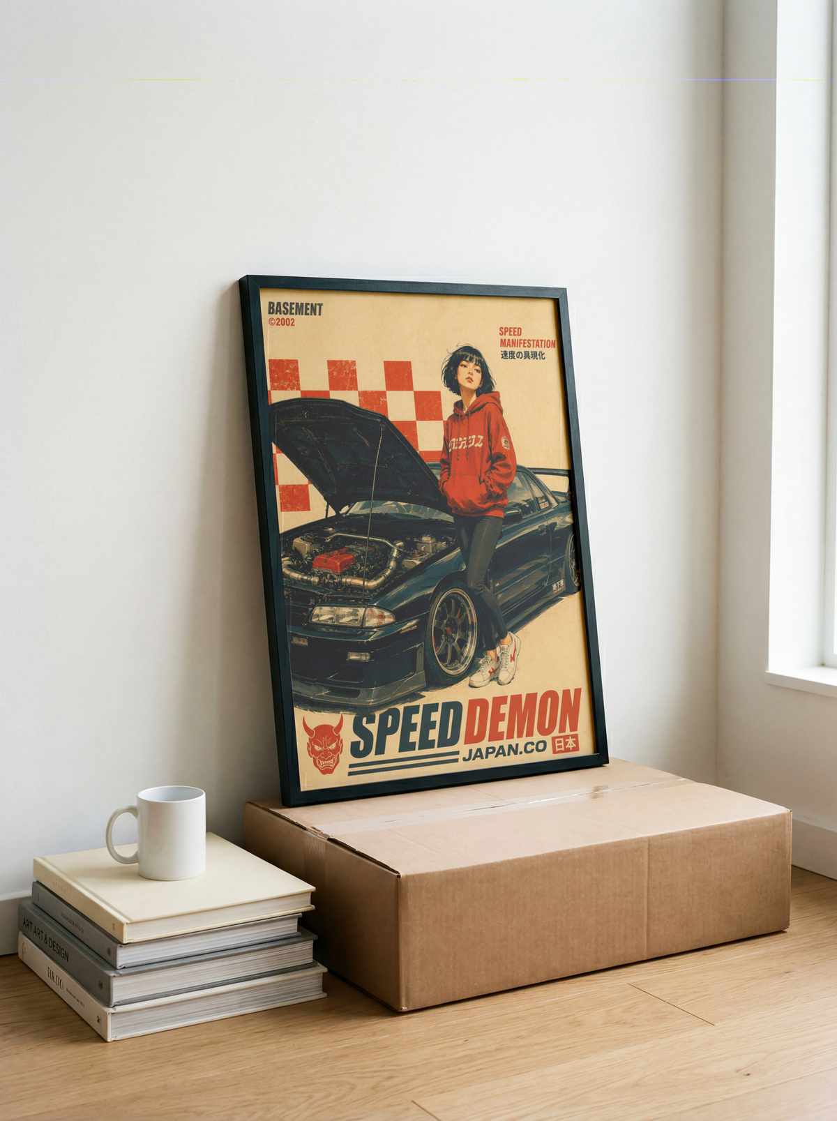 Affiche vintage voiture japonaise sportive, tuning et culture automobile, jeune femme et moteur ouvert, style rétro japonais, passion auto