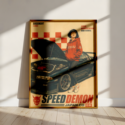 Affiche vintage voiture japonaise sportive, tuning et culture automobile, jeune femme et moteur ouvert, style rétro japonais, passion auto