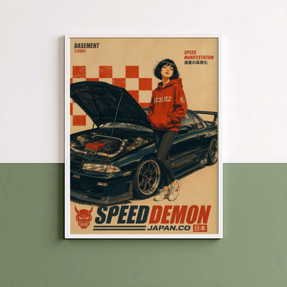 Affiche vintage voiture japonaise sportive, tuning et culture automobile, jeune femme et moteur ouvert, style rétro japonais, passion auto