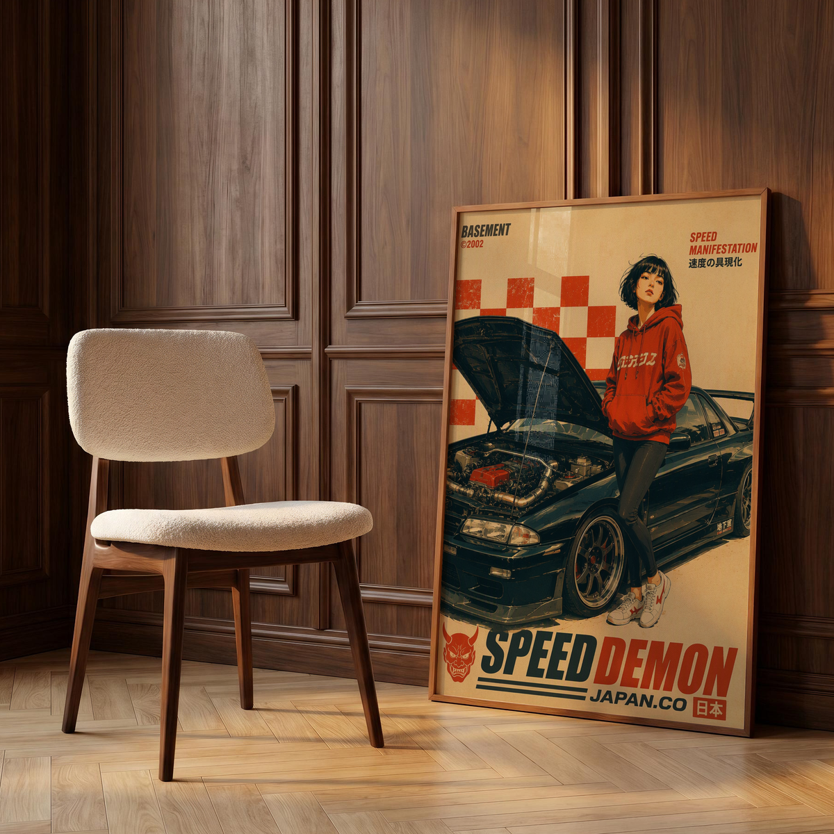 Affiche vintage voiture japonaise sportive, tuning et culture automobile, jeune femme et moteur ouvert, style rétro japonais, passion auto