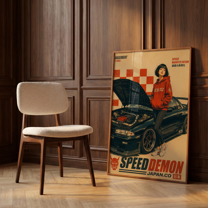 Affiche vintage voiture japonaise sportive, tuning et culture automobile, jeune femme et moteur ouvert, style rétro japonais, passion auto