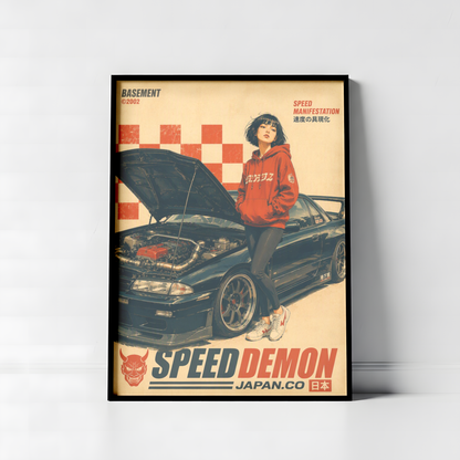 Affiche vintage voiture japonaise sportive, tuning et culture automobile, jeune femme et moteur ouvert, style rétro japonais, passion auto