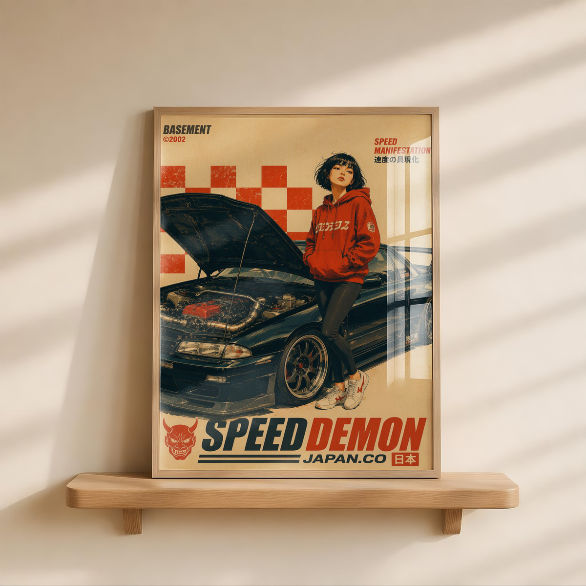 Affiche vintage voiture japonaise sportive, tuning et culture automobile, jeune femme et moteur ouvert, style rétro japonais, passion auto