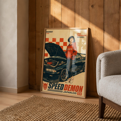 Affiche vintage voiture japonaise sportive, tuning et culture automobile, jeune femme et moteur ouvert, style rétro japonais, passion auto