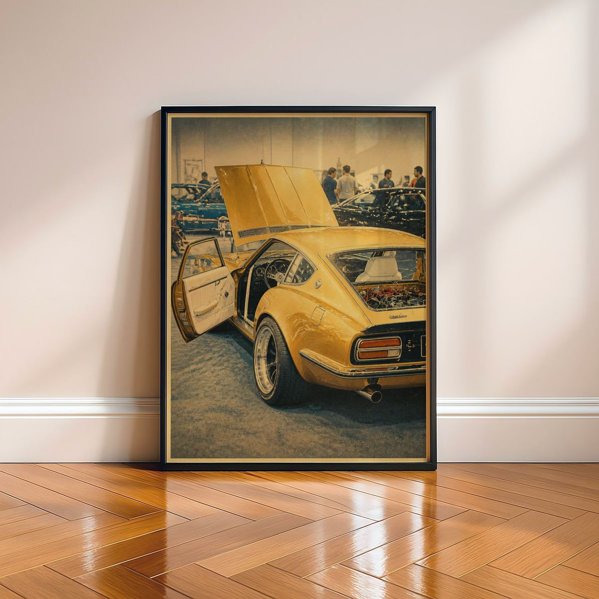 Affiche coupé sportif japonais jaune, voiture rétro des années 70, style racing vintage, poster garage, automobile classique et passionnés