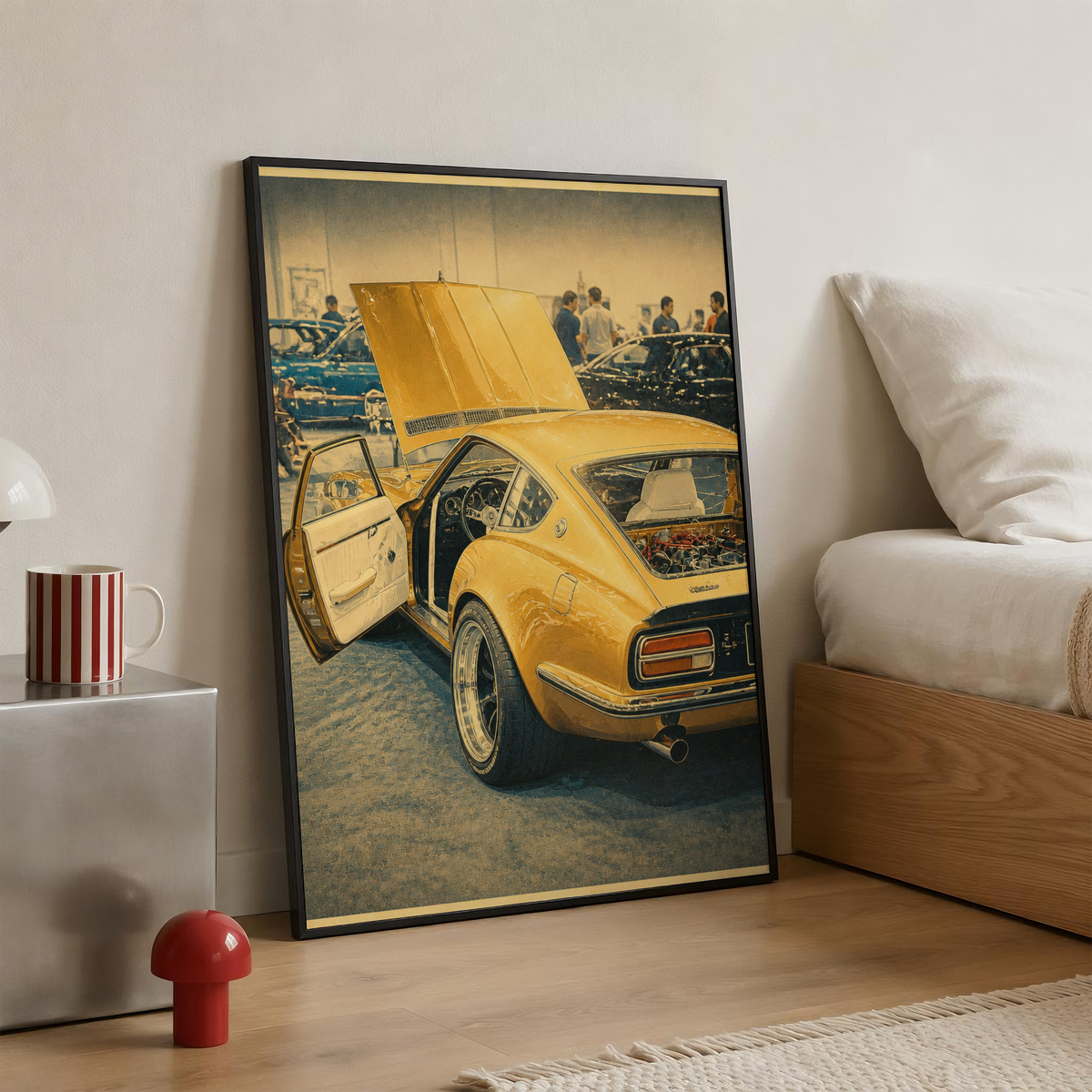 Affiche coupé sportif japonais jaune, voiture rétro des années 70, style racing vintage, poster garage, automobile classique et passionnés