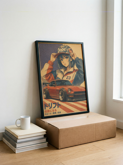 Affiche japonaise rétro avec voiture de sport rouge et manga, style street racing, esthétique années 80, poster auto et culture automobile