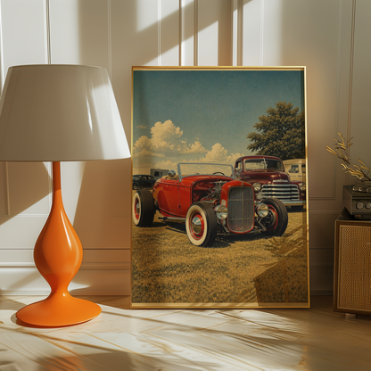 Affiche hot rod américain rouge, voiture ancienne custom, cabriolet rétro, poster automobile vintage, garage, mécanique et culture US