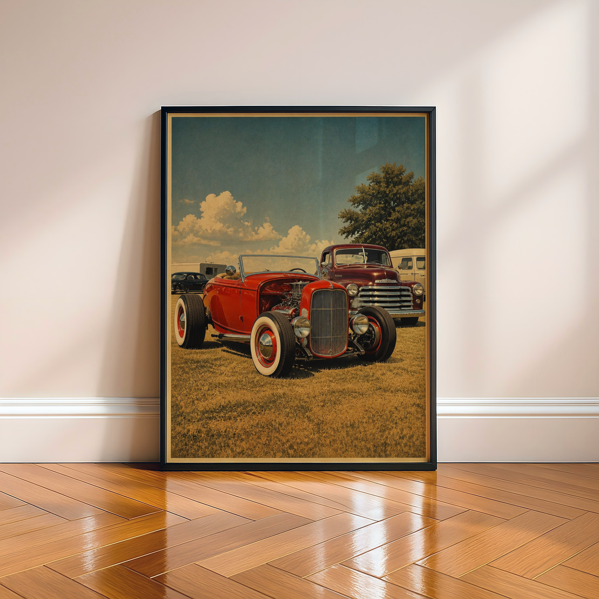 Affiche hot rod américain rouge, voiture ancienne custom, cabriolet rétro, poster automobile vintage, garage, mécanique et culture US