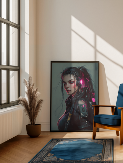 🌃🎮🌐🧬 Affiche Cyber Girl #37 – Art Mural Cyberpunk Futuriste - Aura Studio Déco