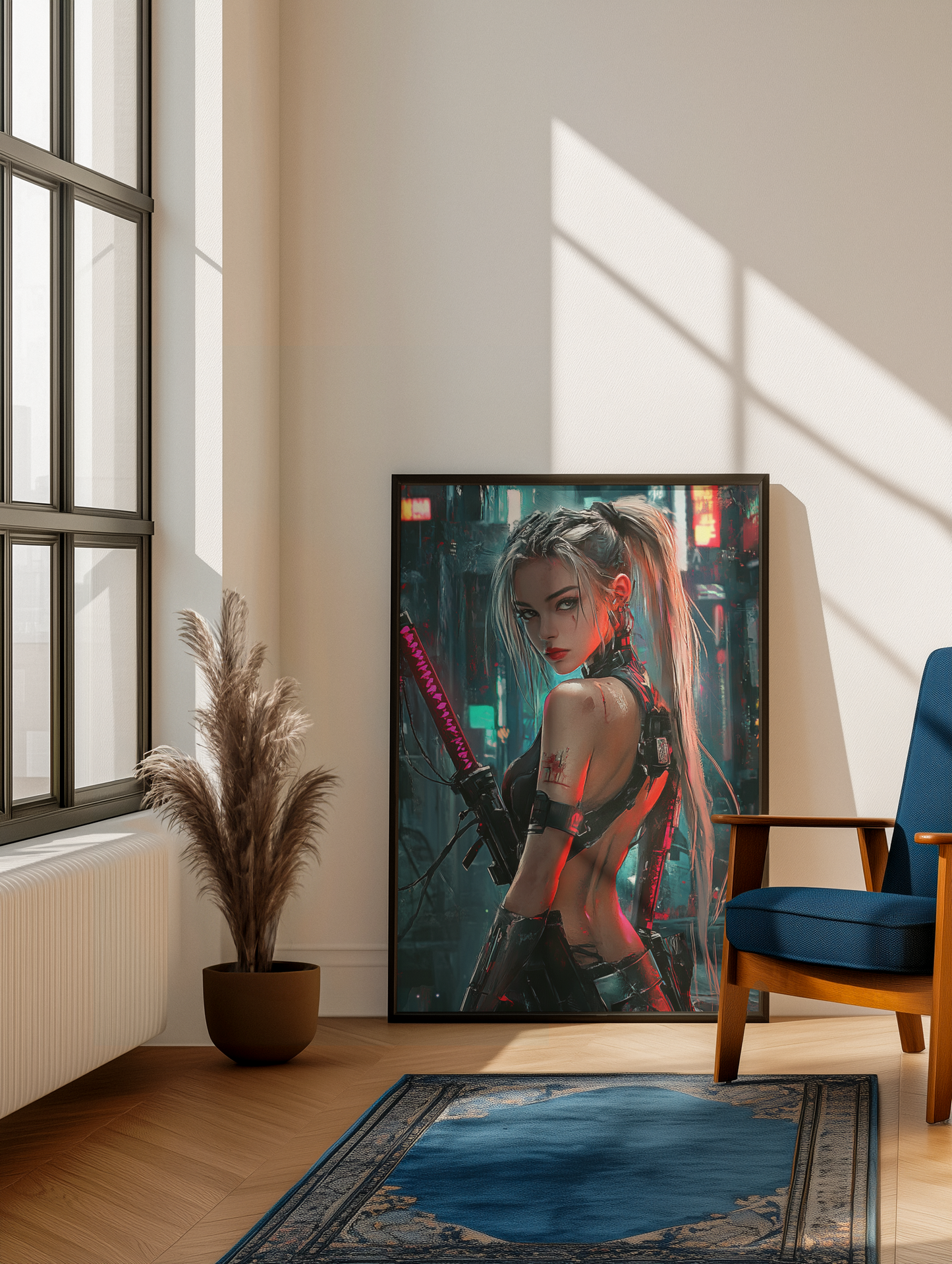 Cybergirl Ultimate War series wall art print in a modern home setting, featuring a female character with a futuristic back...