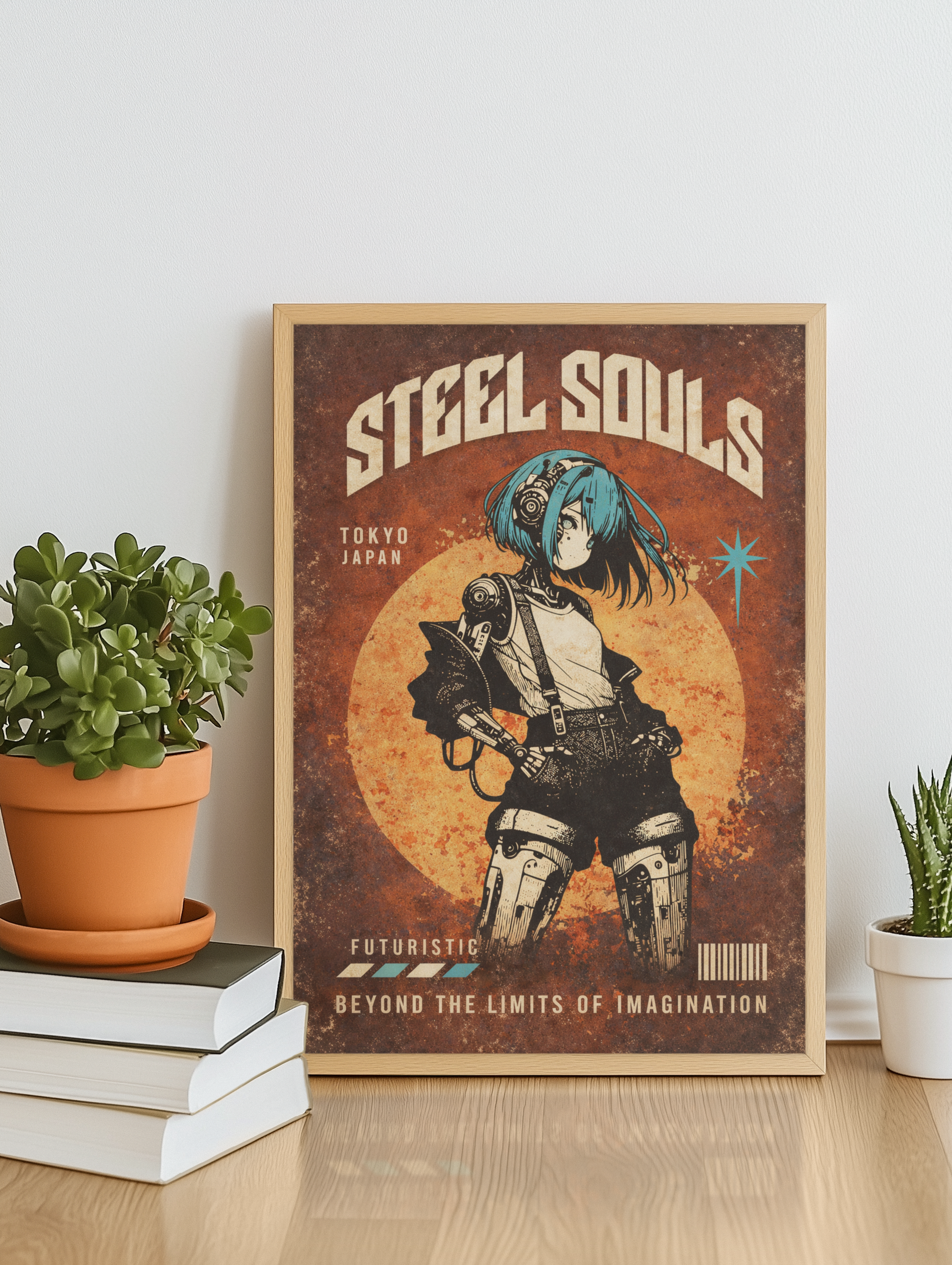 Futuristic art print mockup with anime-style cyborg character on wooden surface, two plants