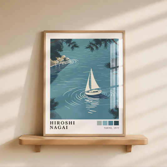 Affiche Japonaise Rétro | Voilier & Mer Minimaliste