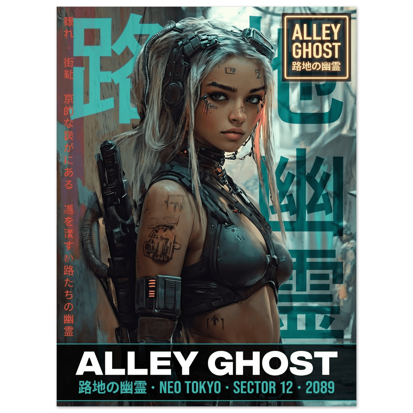 ☣️🧬 Série limitée Art Cyberpunk - Poster Cybergirl Alley Ghost - Aura Studio Déco