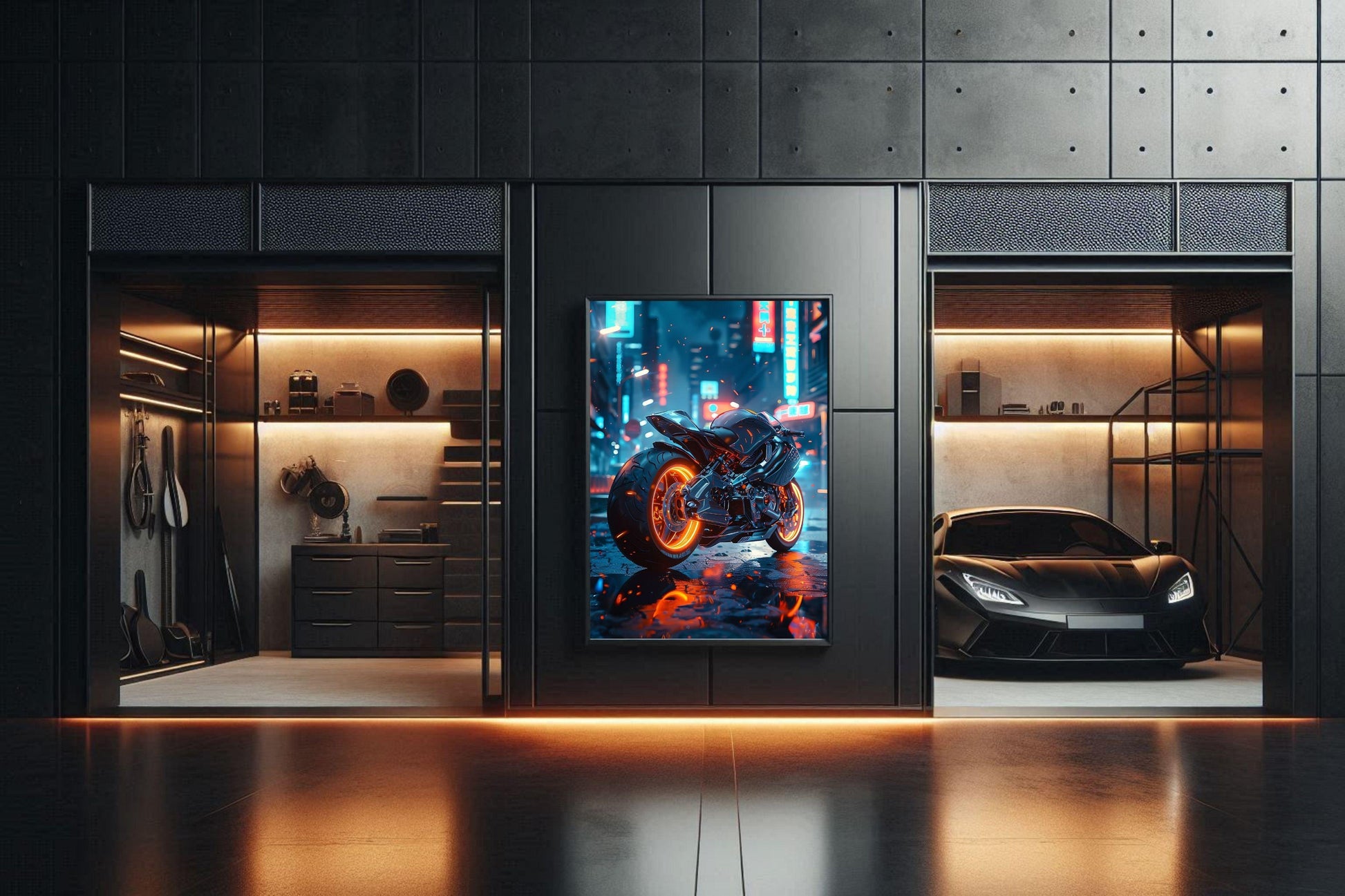 🏍️🏁🔧 Moto Cyberpunk Série futuriste #️⃣17  - (Affiche encadrée métal) - Aura Studio Déco