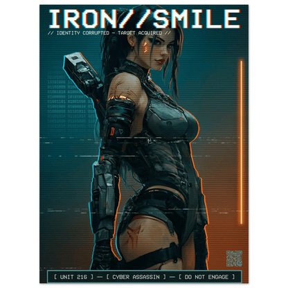 ☣️🧬 Série limitée Art Cyberpunk - Poster Cybergirl Iron Smile Neon - Aura Studio Déco
