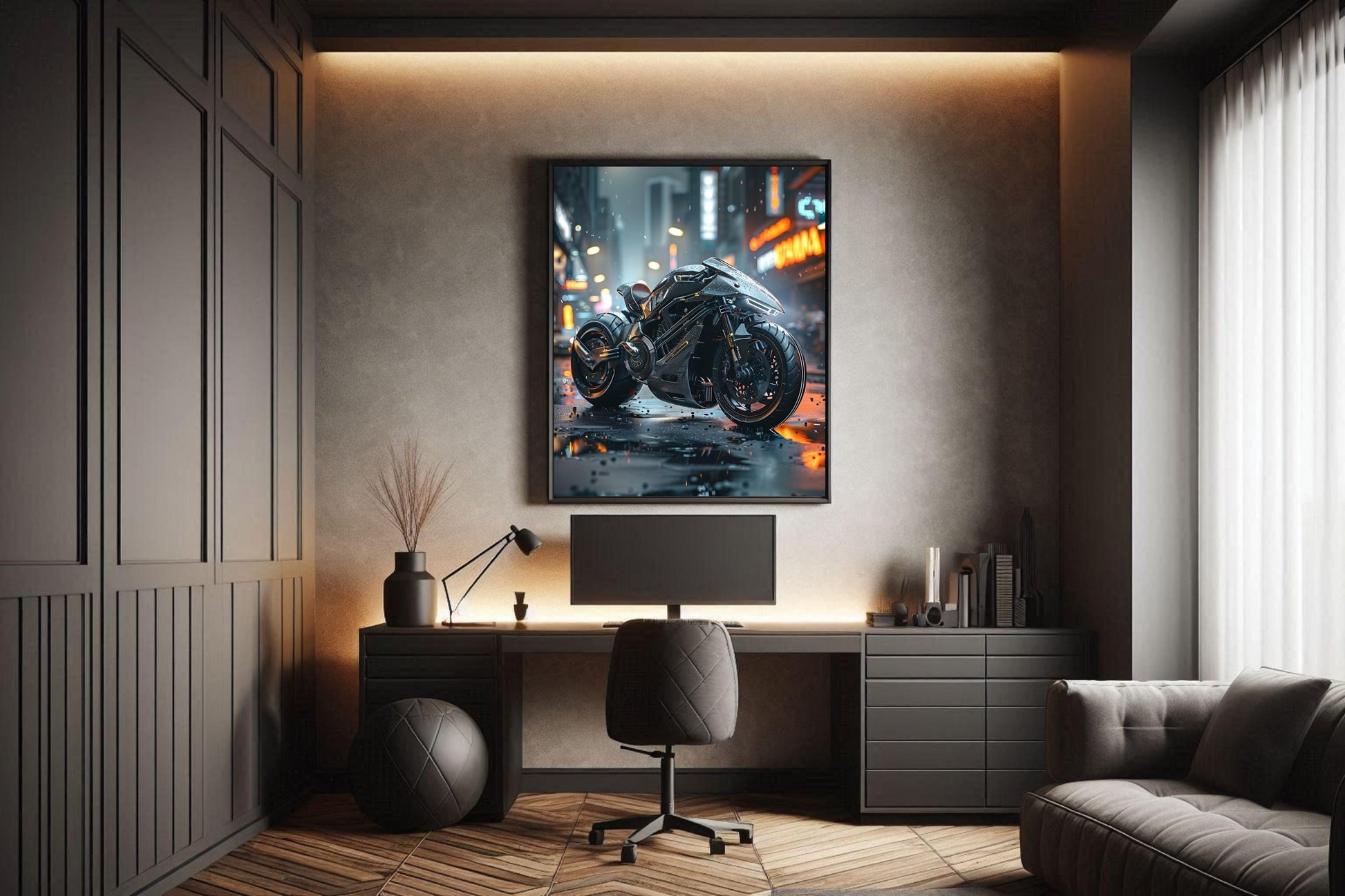 🏍️🏁🔧 Moto Cyberpunk Série futuriste #️⃣13  - (Affiche encadrée métal) - Aura Studio Déco