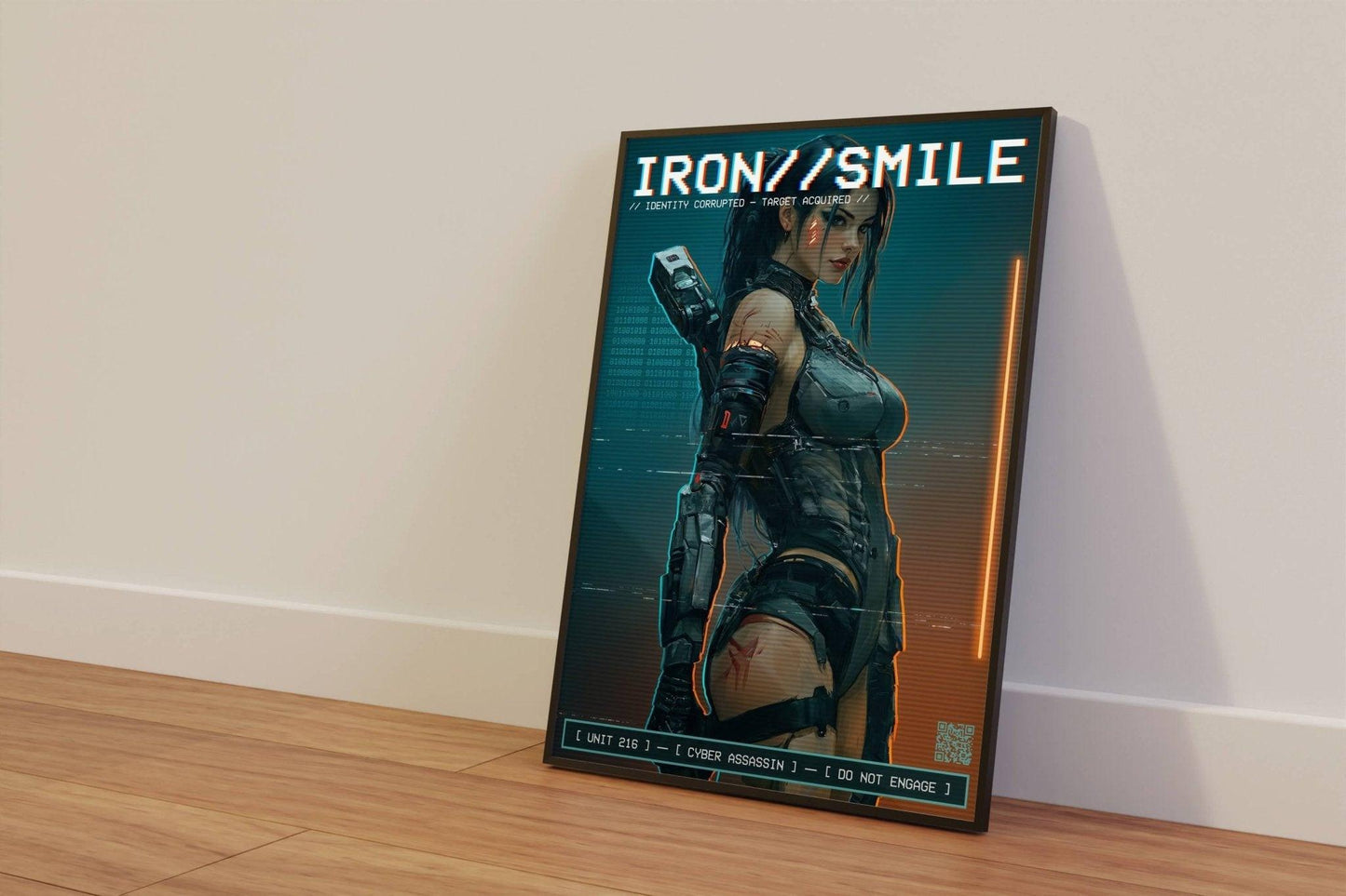 ☣️🧬 Série limitée Art Cyberpunk - Poster Cybergirl Iron Smile Neon - Aura Studio Déco