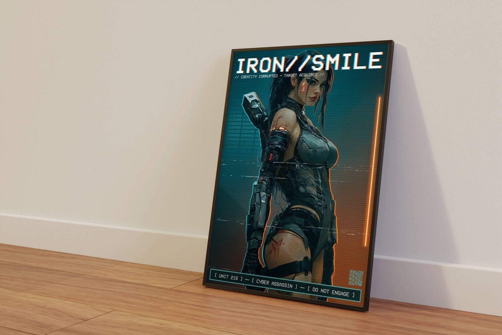 ☣️🧬 Série limitée Art Cyberpunk - Poster Cybergirl Iron Smile Neon - Aura Studio Déco