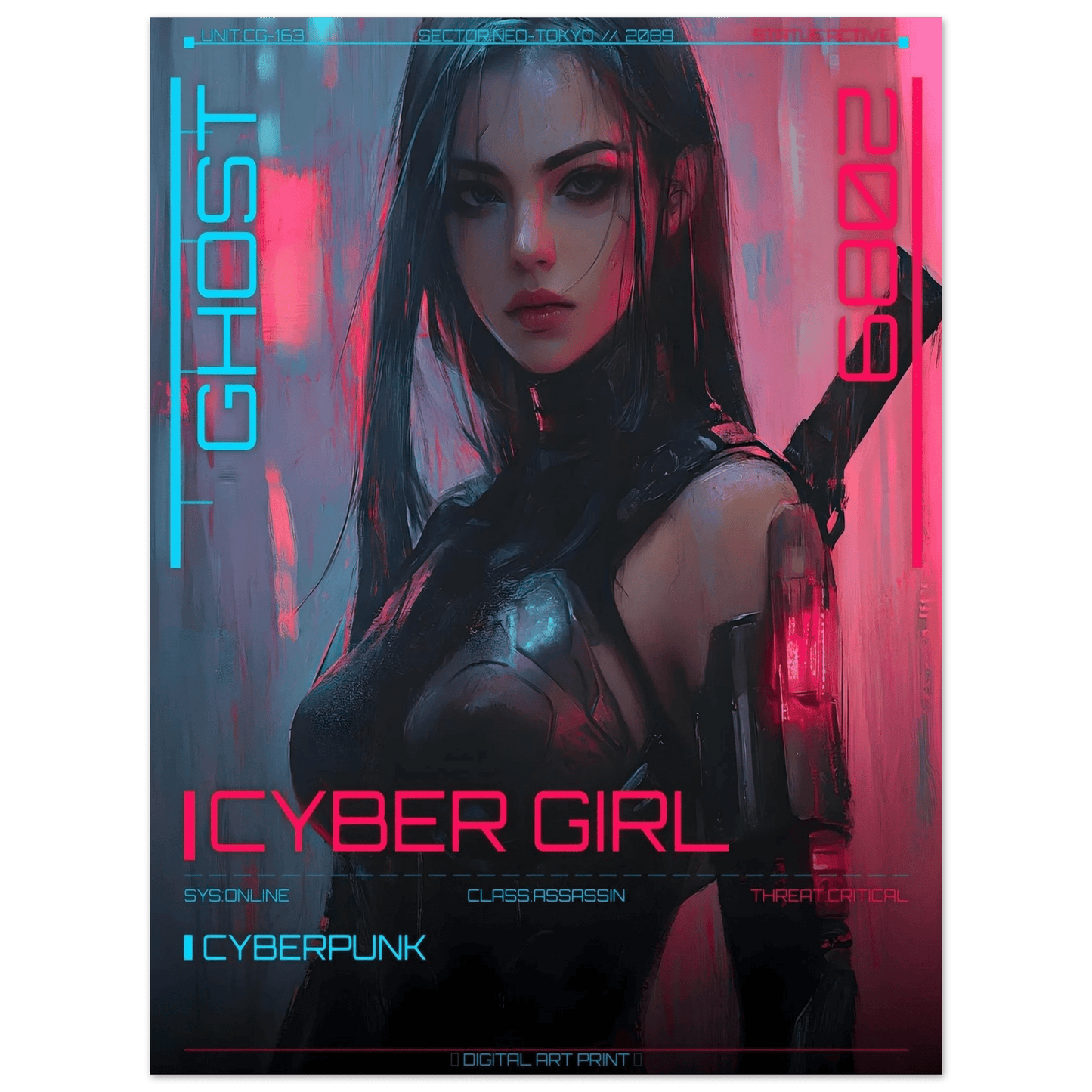 ☣️ Série limitée Art Cyberpunk - Poster Cybergirl Ghost Assassin - Aura Studio Déco