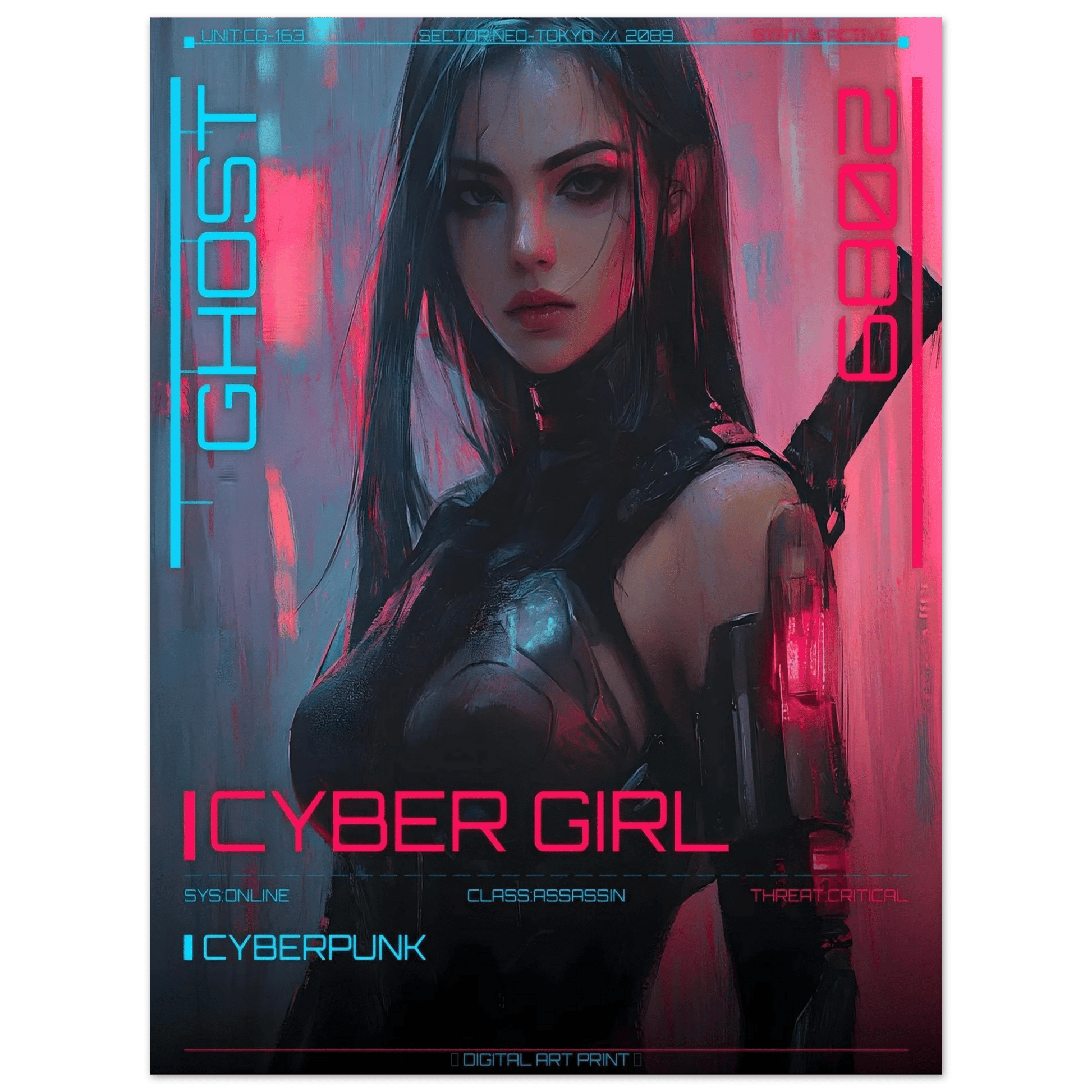 ☣️ Série limitée Art Cyberpunk - Poster Cybergirl Ghost Assassin - Aura Studio Déco