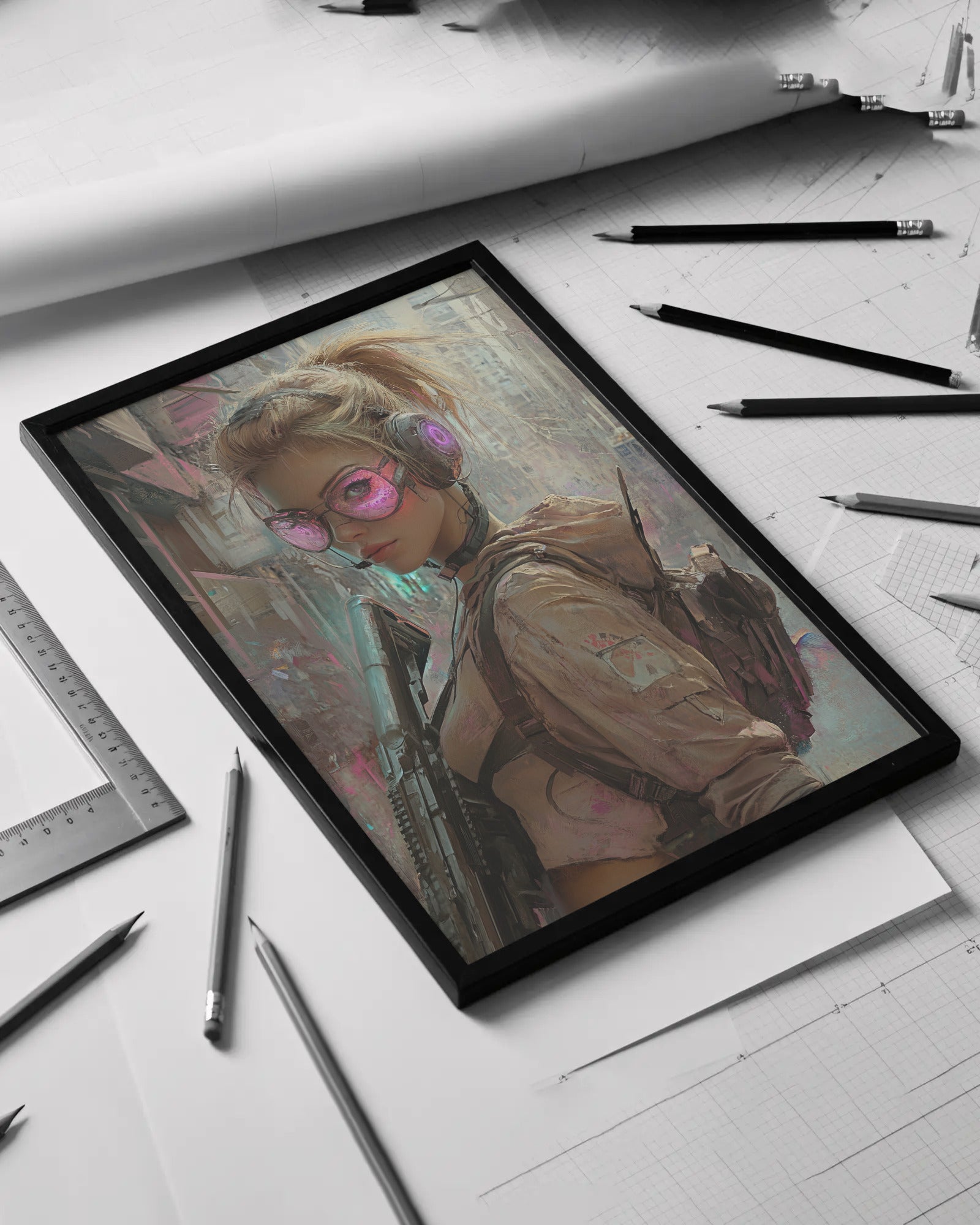 Maquette d'impression CYBER GIRL ULTIMATE SERIE 32 sur cadre noir, entourée de plans architecturaux, crayons et règles.