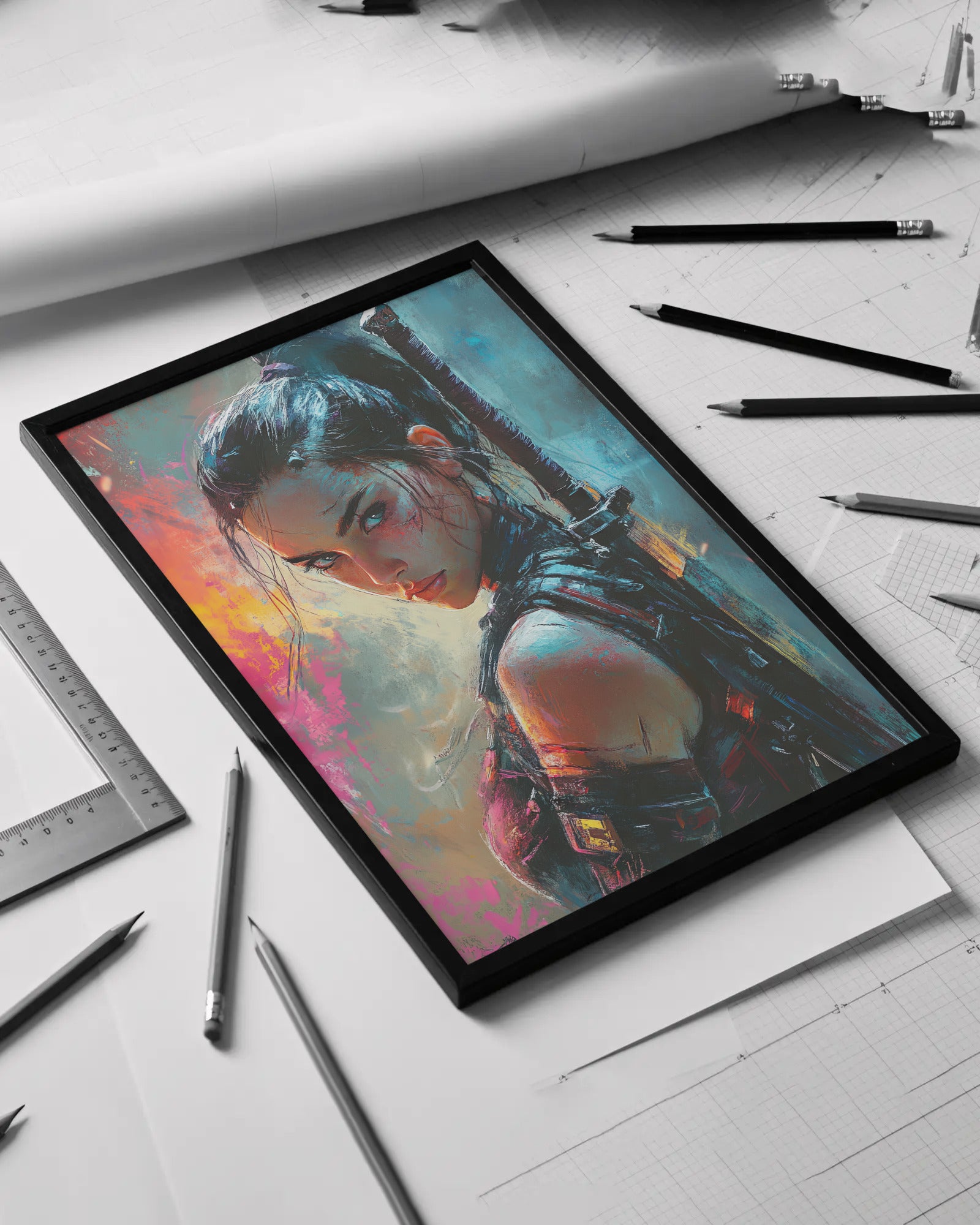 Affiche Cyber Girl #39 – Art Mural Cyberpunk with a battle-worn woman on a drafting table surrounded by drawing tools, embodying a futuristic, immersive cyberpunk theme.