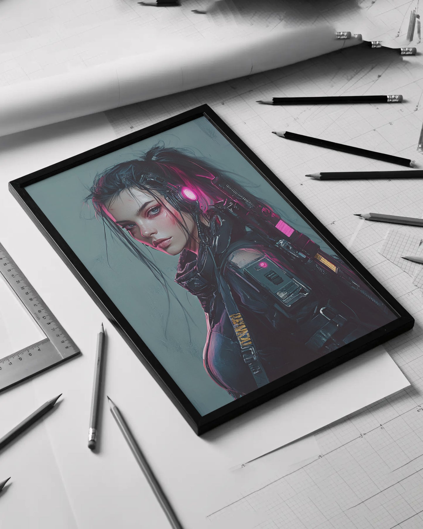 Affiche Cyber Girl #37 de Aura Studio, art mural cyberpunk futuriste, encadrée noire sur plans architecturaux avec crayons et règles