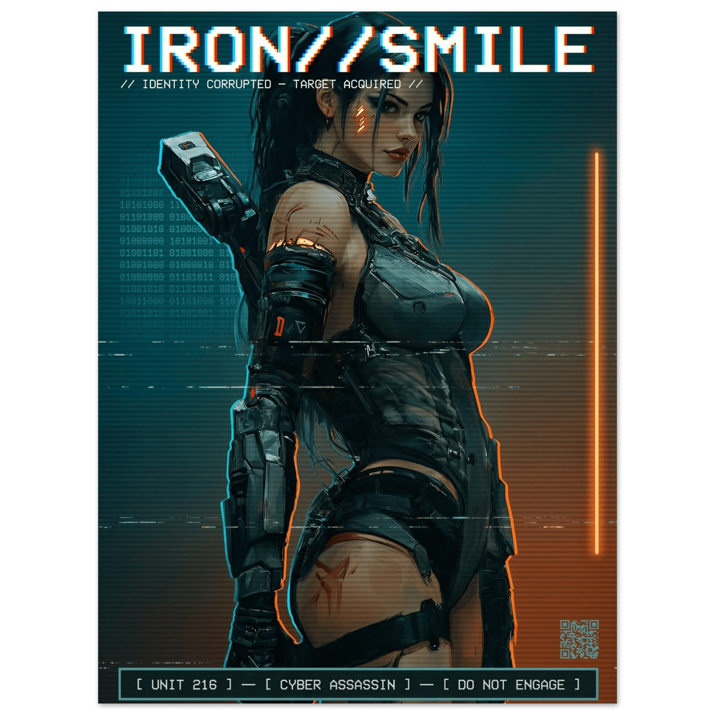 ☣️🧬 Série limitée Art Cyberpunk - Poster Cybergirl Iron Smile Neon - Aura Studio Déco