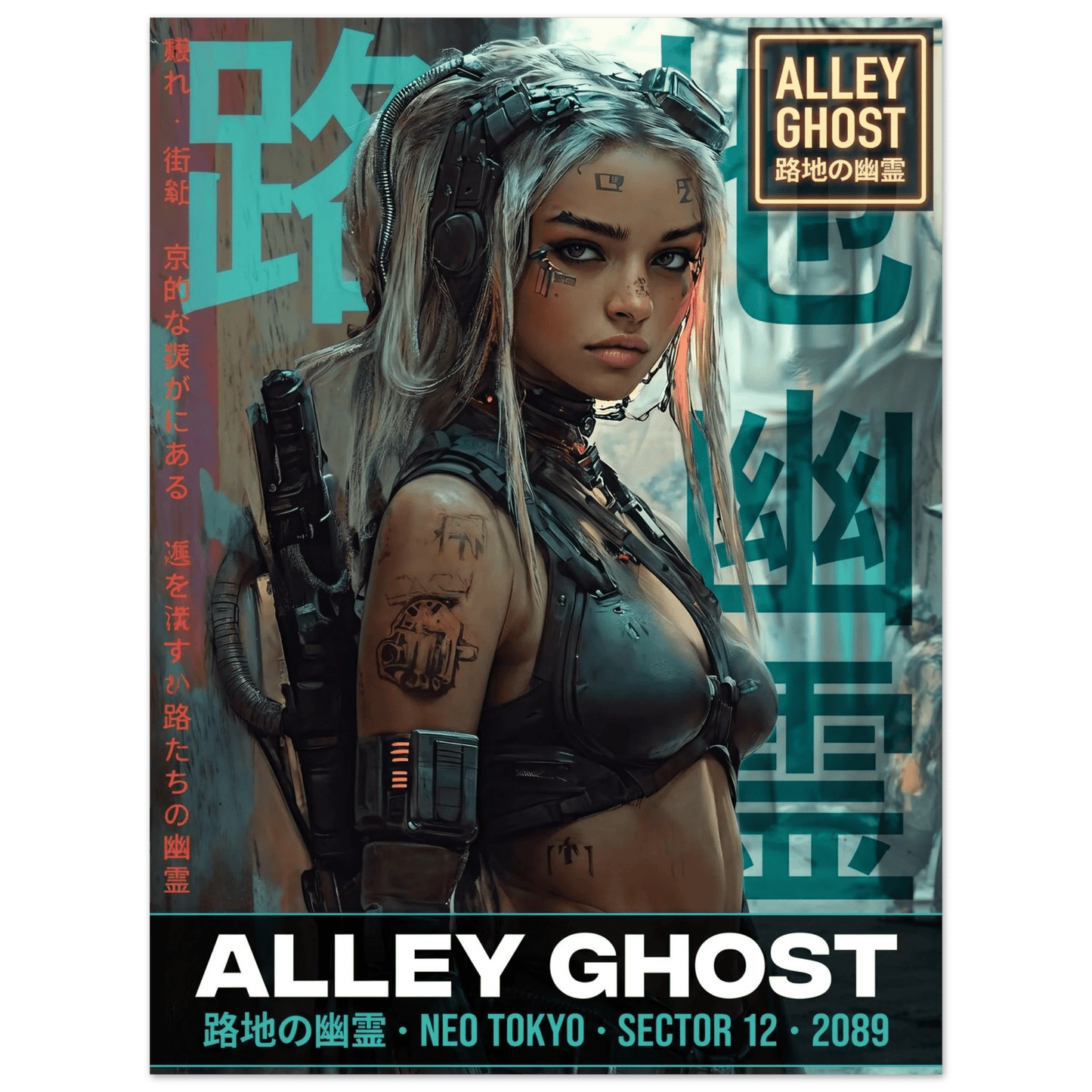 ☣️🧬 Série limitée Art Cyberpunk - Poster Cybergirl Alley Ghost - Aura Studio Déco